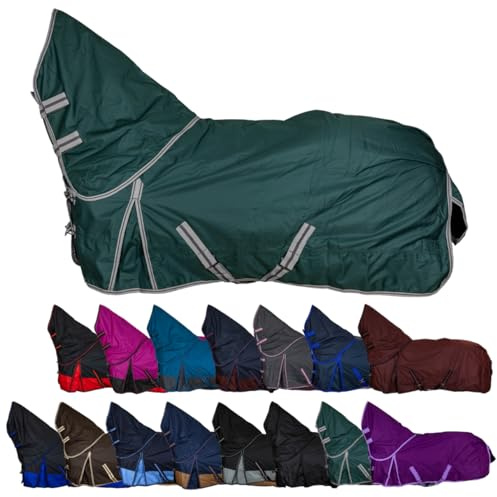 RL24 - Weidedecke Full Neck Basicline 600D Grün 145 cm (200g/m²) | Nylonfutter mit Füllung – Pferde Winterdecke – wasserdichte Outdoordecke mit Kreuzbegurtung – Pferdedecke