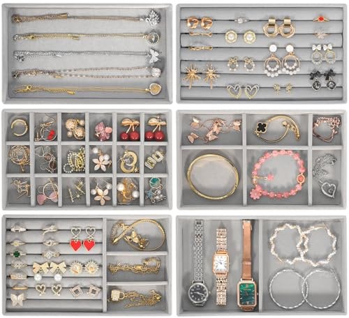 SaiXuan 6 Pezzi Organizzatore Gioielli, Jewelry Organizer in Velluto, Organizer per Gioielli, Anelli, Orecchini, Collane, Bracciali, Orologi, per Vassoi Organizer da Cassetto (Grigio)