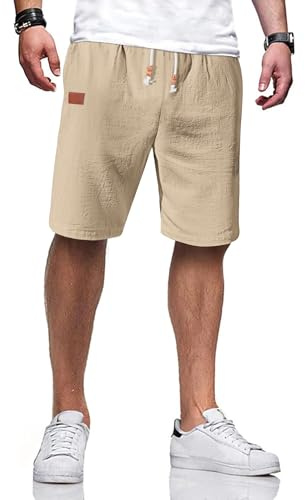 TARAINYA Cotone-Lino Pantaloncini Uomo e Tasche | 71%Cotone,29%lino;Vestibilità Regolare;Elastico In Vita Con Coulisse;Spiaggia;Casual;Estate
