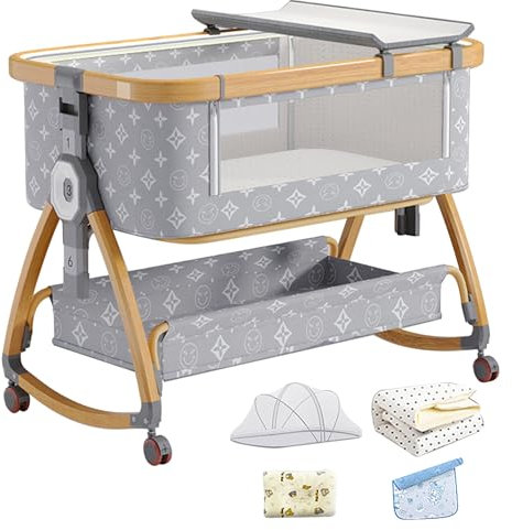 KMDZDZGS Babybett, 3 in 1 Babybett mit Rollen, Neugeborenenbett, Tragbar Babybett mit Laken und Kissen, Verstellbares Babybett, Kinderbett mit Moskitonetz, Babywiegenbett (Doodle)