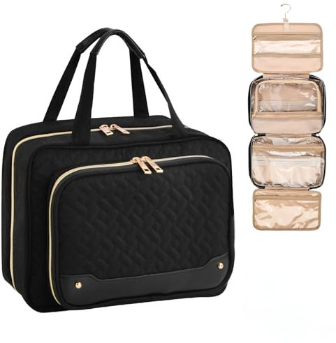 Trousse de Toilette à Suspendre, 30,5x23x11 cm 5 Compartiments Grande Trousses de Toilette Voyage, Pliable Sac Cosmétique, Trousse de Maquillage, Sac de Toilette Suspendu pour Femmes et Hommes, Noir