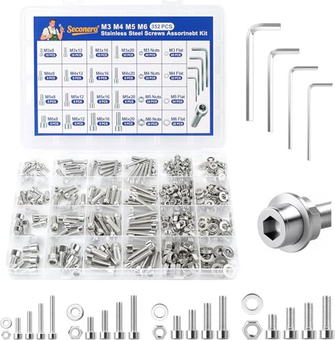 Seconero 352Pcs Nut and Bolt Sets, M3/M4/M5/M6 Hex Socket Head Cap Screws | Hexagon Socket Head Cap Screws Bolts and Nuts, Washers, Stainless Steel Hex Head Button Mechanical Screws Set for Repair DIY