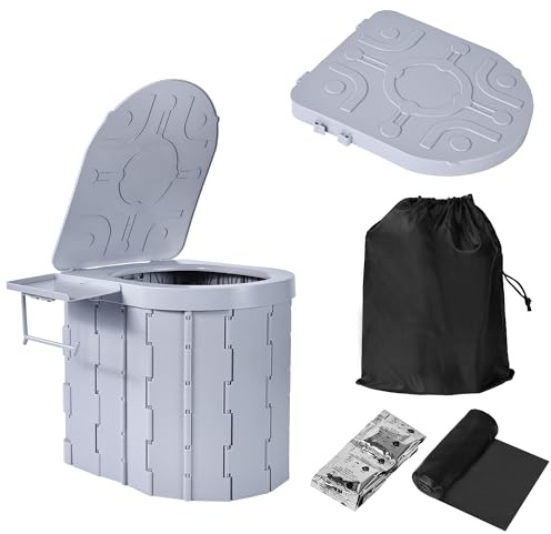 Portable Klapptoilette für Camping & Outdoor – Leichtes Reise WC – Ideal für Auto, Wohnmobil, Garten & Notfallsituationen – Inkl. 12 Müllbeutel, 12 Härtungsmittel - Grau – mit Deckel