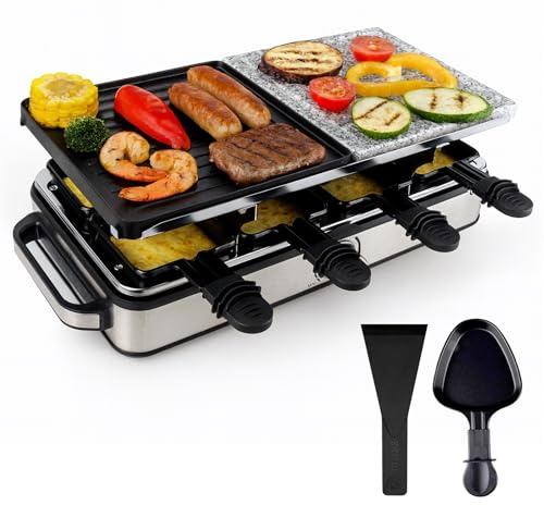 Raclette Set for 8 People with Hot Stone Plate with Pan and Scraper - Rustproof & Adjustable (Square)