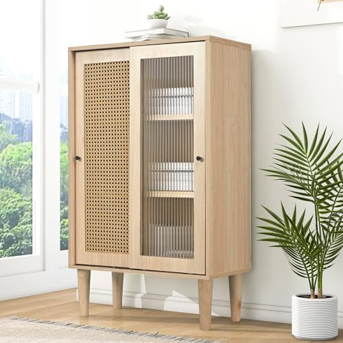 DHWDS Sideboard mit Schiebetüren aus Glas & Rattan, 100 cm hoch, Kommode mit 6 Fächern & verstellbarem Regal für Wohnzimmer & Schlafzimmer, Eichenoptik, 60 x 40 x 100 cm