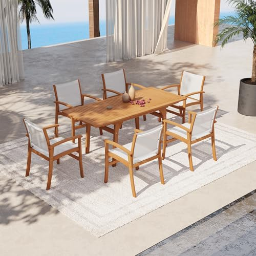 OC Orange-Casual Gartengarnitur mit 4-6 Stühle,Akazienholz Esstisch-Set für 4–6 Personen, Ausziehbarer Gartentisch mit Stühlen, Schirmloch und atmungsaktivem Textilene-Gewebe (Weiß, 6-teilig)
