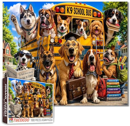 Funny Dog School Bus Jigsaw Puzzles 1000 Pieces for Adults, Families(Golden Retriever,Dalmatian Reading Newspaper,Cute Animal) Pieces Fit Together Perfectly 19.7''x27.6''inch Dog Lovers Puzzle Art
