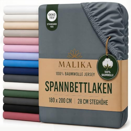 MALIKA Spannbettlaken 180-200x200 cm - 100% Baumwolle Oeko Tex - Dunkelgrau - Jersey Spannbetttuch 180x200
