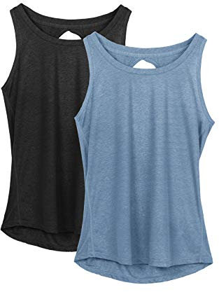icyzone Damen Yoga Sport Tank Top Rückenfrei Fitness Oberteil ärmellos Shirts, 2er Pack (S, Schwarz/Blau)