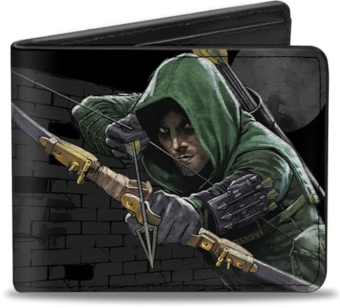 Buckle-Down Men's DC Comics Wallet, Bifold, Arrow Aiming Pose Vigilante Bricks Black Grays, Vegan Leather, Multicolor, Standard Size, Multicolor, Default Size