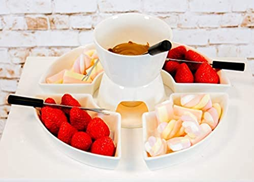 Homezone 10 Stk weiße Keramik Teelicht Kerze Käse / Schokoladen-Fondue Set mit 4 Küche und Edelstahl Stahl Gabeln Mikrowellen- und Geschirrspüler sicher