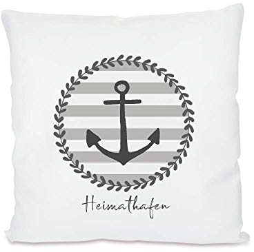 Geschenkidee - Kissen Heimathafen mit Anker in grau weiß