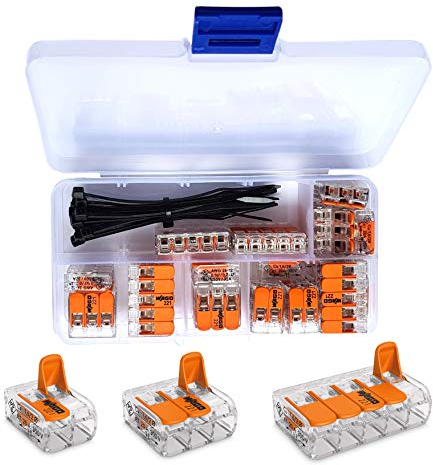 intervisio Sortimentsbox mit WAGO Klemmen 25 Stück Set Sortiment 10x 221-412 | 10x 221-413 | 5x 221-415 und 10 Stück intervisio Kabelbinder 80mm x 2,5mm