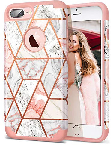 Fingic iPhone 7 Plus/8 Plus Case, Marble Glitter Slim Fit Hard PC Soft Silicone 2 in 1 Hybrid Protective Shockproof Anti-Scratch Rubber Bumper Case, Rose Gold