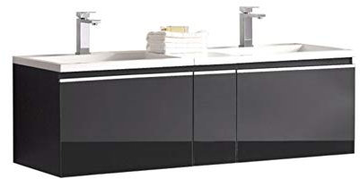 StoneArt Badmöbel Set mit Mineralguss Waschbecken und Unterschrank Waschtisch als Einzel- oder Doppelwaschbecken mit Unterschrank ohne Armaturen Milano ME-1400 dunkelgrau 140cm