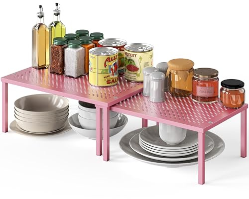 Simple Houseware Expandable Stackable Kitchen Counter Shelf Organizer, Pink, Metal Top, 11.25 in L x 7.9 in W x 5.4 in H