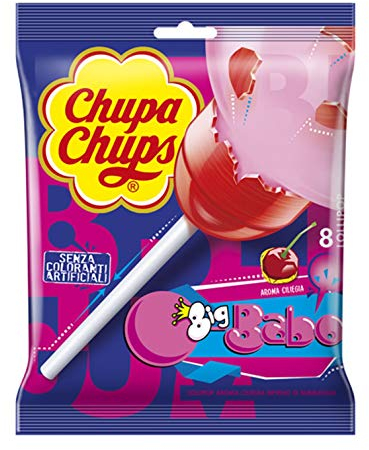 Chupa Chups Lollipop Bubblegum, Caramella Ripiena di Gomma Da Masticare, Gusto Ciliegia, Senza Glutine e Coloranti Artificiali, Busta con 8 Lecca Lecca, Monoporzioni, Ideale per Compleanni e Feste