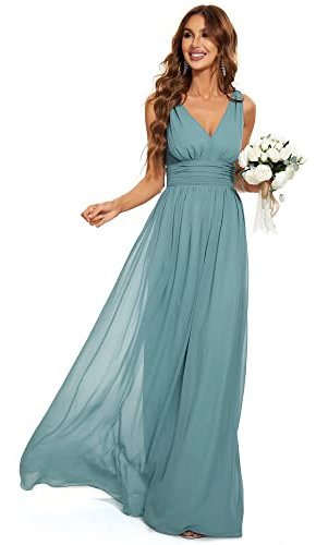 Ever-Pretty Robe Demoiselle d'honneur Femme Longue Décolleté en V en Mousseline de Soie Classique 46 Bleu fumé