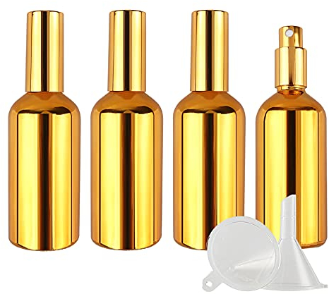 ZEOABSY 4 pezzis 100ml Flacone Spray in vetro oro rivestimento-UV & 1pezzis imbuto, 100 ml Bottiglie Vuote Riutilizzabile da Viaggio Contenitori per Profumo Pulizia della Casa