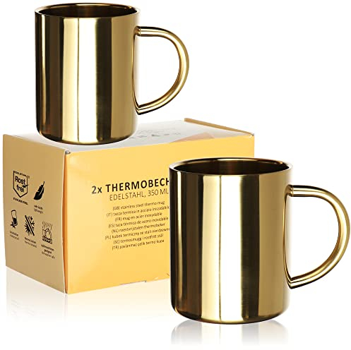 Robin Goods® 2x Edelstahlbecher - 350ml je Thermobecher - bruchsicherer Thermo-Trinkbecher - doppelwandige Isolierbecher goldfarben (02 Stück - goldfarben)
