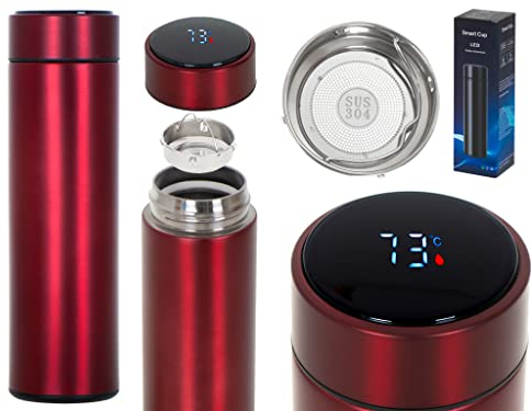 IKONKA LED Thermobecher 500 ml Smart Thermoskanne für Tee, Kaffee, Milch, Kinder, Getränke, Temperaturkontrolle, Kunststoff, Edelstahl, Burgunderrot