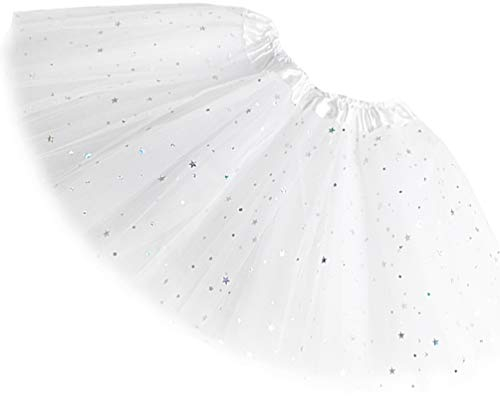 Ugitopi Damen Erwachsene Glitzernder Elastischer 4-lagiger Tüll Tutu Rock (White)