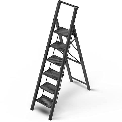 Escabeau pliable à 6 marches en aluminium léger avec poignée pratique, Echelle Pliante avec pédale antidérapante et large pour la maison et la cuisine, économie d'espace – Noir