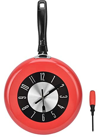 Wall Clock Metal Frying Pan Design Red 10 Inch, Decorative Wall Bracket Clock Home Decor for Kitchen, Living Room, Dining Room, Bars