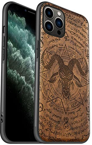 Carveit Holz Handyhülle für iPhone 11 Pro Max Cover [Einzigartiges Design Case] Stoßstange hülle Kompatibel mit 11 Pro Max Stilvolle Aussehen TPU Hülle（Nussbaum-Baphomet der Alten Handschrift）