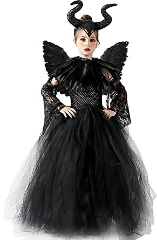 AMOBON Maleficent Kostüm für Kinder, Mädchen Böse Königin Kleid mit Hörner Kopfschmuck und Schwarze Flügel Umhang Schulterklappen für Karneval Fasching Halloween Cosplay Carnival Motto Party (XL)
