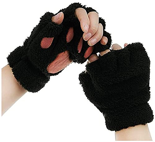 Damen Mädchen Katzenklauen Handschuhe Plusch Handschuhe Halbfinger Handschuhe BärentatzenHandschuhe Niedliche Cartoon-warme Handschuhe Fleece-Halfter-Handschuhe Tier-Handschuhe (A1-Black, One Size)
