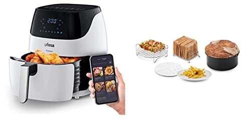 Ufesa AF5100 White Phantom Freidora de Aire sin Aceite con WIFI, 5L, Control Táctil Digital, 8 Programas, 1500W + Ufesa Pack 4 Accesorios para Freidora de Aire sin Aceite, 3.5L o más