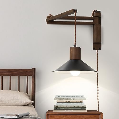 maesta Wood Plug in Wall Sconces, Swing Arm Wall Lamp with Dimmable On Off Switch, Vintage Wall Mounted Light Fixture with Cord for Bedroom Nightstand Bedside Reading Lamp - Bulb Included