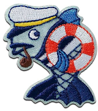 Mono-Quick Fisch mit Pfeife Aufnäher zum Aufbügeln 4,7 x 4,5 cm Bügelbild für Kinder Mädchen mit Wassertier Meer, Bügelpatch Patches Bügelflicken