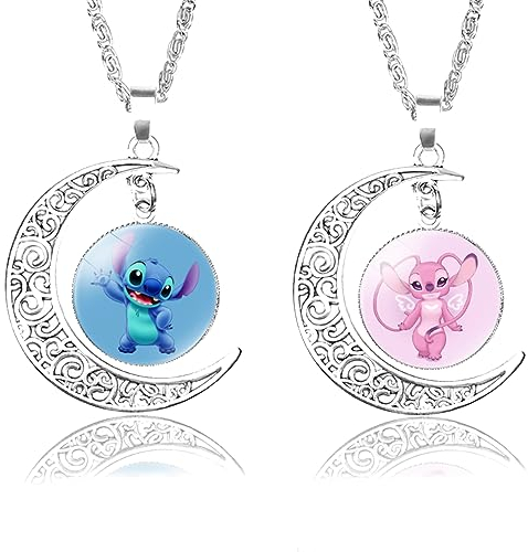 BJPERFMS Stitch Kette, 2 Stück Stitch Halskette, Stitch Mondsichel Halskettel, Stitch Necklace, Cartoon Anhänger Halskette, Paar Halskette, Halskette Anhänger Zubehör, Geschenke für Kinder
