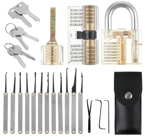 15-teiliges Dietrich-Set mit 3-teiligem durchsichtigem Übungsvorhängeschloss, Schlosser-Werkzeuge, Zivilschlösser, Schlüsseltrainingskits