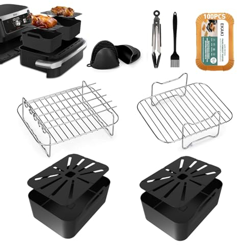 EKAKI Air Fryer Accessories, 9 Pcs Dual Air Fryer Accessories for Ninja Foodi FlexDrawer Air Fryer AF500UK 7-in-1 2023 Released 10.4L, Ninja AF500UK Liners & 304 Stainless Steel Racks & Tools, Black
