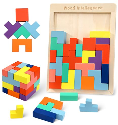 Montessori Tangram Puzzle, Kreatives Holzpuzzle mit 30 Stück Bunte Bausteine, Kinder Geschicklichkeitsspiel Lernspielzeug Geschenk für Jungen Mädchen ab 3 4 5 Jahre