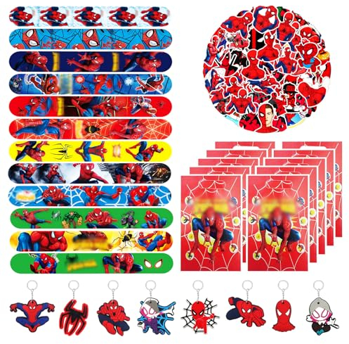 Mitgebsel Kindergeburtstag Mitbringsel, 80pcs Spidey Party Kleine Geschenke, Gastgeschenke Set mit Geschenktüten Schnapparmbänder Schlüsselanhänger Aufkleber, Kinder Geburtstag Give Aways für Jungen