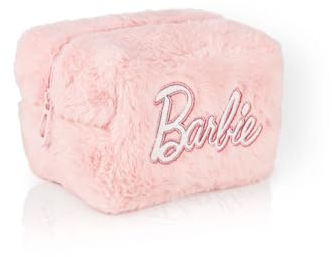 Barbie Femmes Moelleux Trousse de Maquillage | Dames Partout en Fourrure avec Logo brodé en Rose | Logo Classique Zip Cosmétique Sac De Rangement Poupée Vêtements Conteneur avec Ample Rangement
