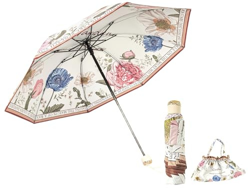 Anopo Faltbarer Regenschirm für Damen mit Organizer Tasche | Handlicher Regenschirm für unterwegs, Kompakt, Vintage Blumenmuster, für Sonne und Regen, UV-Schutz, Windfest