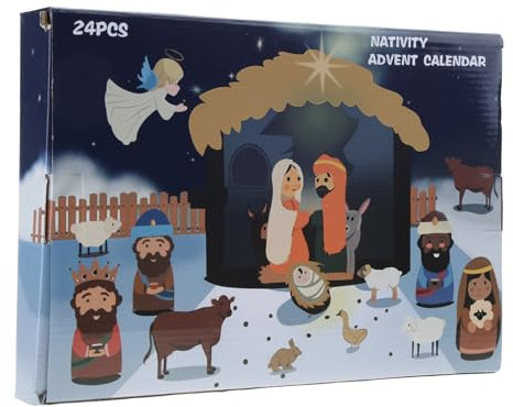Weihnachtskrippe Adventskalender 24 Harz Miniaturen Heilige Familie Magi Geschenk für Jungen und Mädchen geeignet für Kind Weihnachten Geschenkset für Kinder