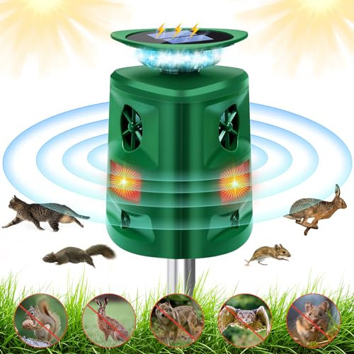 Cat Repellent, Solar Powered Animal Scarer, 360° Outdoor Ultrasonic Repeller, 3 Face Motion Sensor & LED Flashing Light, USB Cat Scarer 5 Modes Garden Deterrent for Cat, Squirrel, Dogs, Rats, Foxes