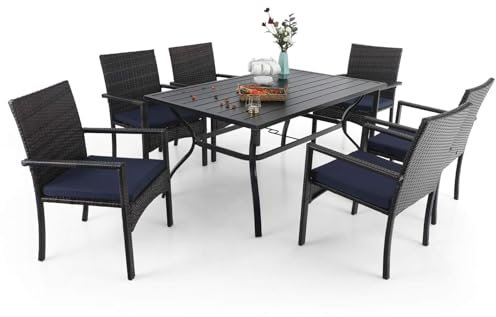 MFSTUDIO Rattan Gartenmöbel Set, Terassenmöbel Außen, Rechteckiger Gartentisch mit Verstellbarem Schirmloch(4-5cm), Polyrattan Sitzgruppe Wetterfest