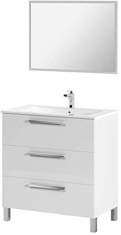 Miroytengo Mueble de Baño 3 Cajones Taria con Espejo Estilo Contemporáneo en Color Blanco Brillo 80x86 cm (Sin Lavabo)