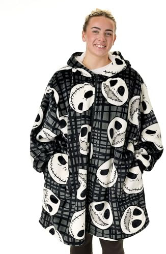 Disney The Nightmare Before Christmas Adults Wearable Blanket Hoodie | NMBC Zip Fleece Hooded Pullover in Black with Jack Skellington Character Print | Christmas Movie Loungewear Merchandise Gift