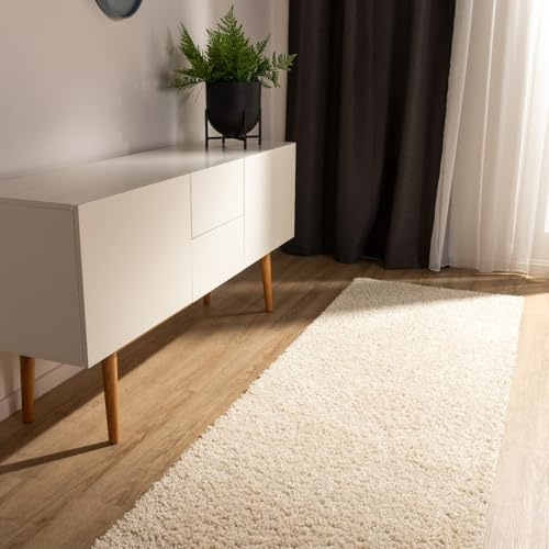 benuta Basic Hochflorteppich Teppich Wohnzimmer Sohari - Creme 80x300 cm - Minimalistischer Look - Weich & Waschbar - Für Schlafzimmer, Flur oder Esszimmer - Geeignet für Fußbodenheizung