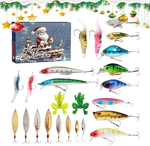 Fischerei-Adventskalender 2024 - Erwachsenen-Countdown Kalender 2024 Angelköder | Angelköder Set Weihnachten 2024 Countdown Kalender, 24 Tage Weihnachtskalender Countdown