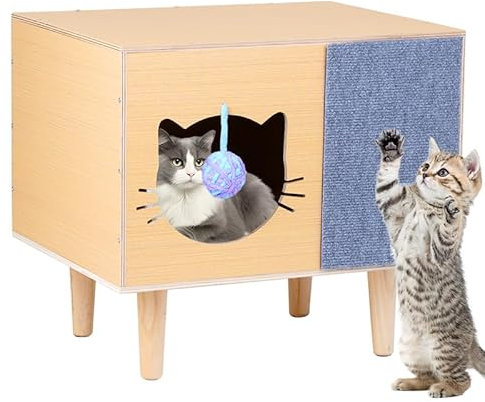 BREUAILY Niche pour chat en bois d'intérieur avec cloche pour chat - Tapis griffoir et coussin pour chat - Armoire pour couloir et chambre à coucher - Montage facile - 50 x 40 x 32 cm