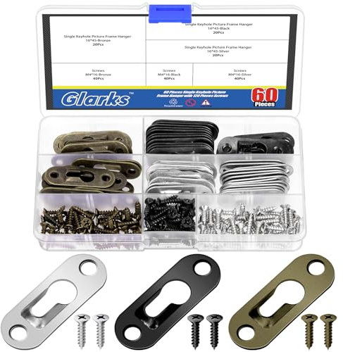 Glarks 180pcs 45 x 16mm Keyhole Hangers, Silver/Black/Bronze Keyhole Shelf Hanger with Screw, Single Keyhole Hanging Plate for Wall Mounting Coat Rack, Wooden Board, Mug